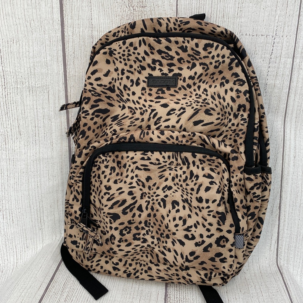 Volcom Upper Class Backpack Khaki Leopard Cheetah Animal Print Laptop School Bag